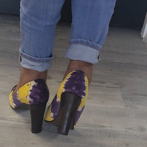 Purple Yellow Heart Open Toe Cloth Heels Size 7.5 - Picture 2 of 8